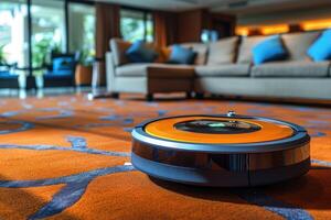 cleaning robot in scandinavian style living room professional photography photo