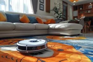 cleaning robot in scandinavian style living room professional photography photo