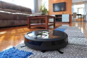 cleaning robot in scandinavian style living room professional photography photo