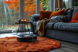 cleaning robot in scandinavian style living room professional photography photo