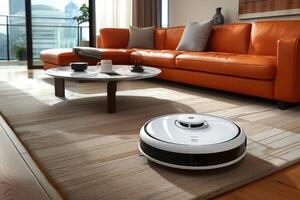 cleaning robot in scandinavian style living room professional photography photo