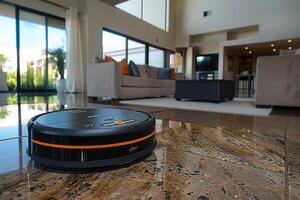 cleaning robot in scandinavian style living room professional photography photo