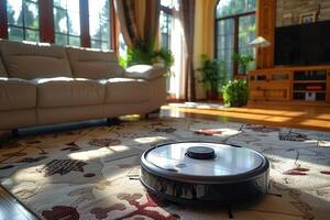 cleaning robot in scandinavian style living room professional photography photo