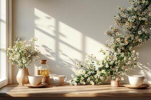 de madera mesa con luz de sol y sombra de flores profesional fotografía foto