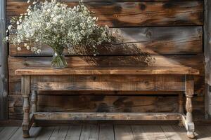 de madera mesa con luz de sol y sombra de flores profesional fotografía foto