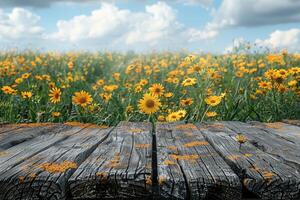 de madera mesa con luz de sol y sombra de flores profesional fotografía foto