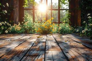 de madera mesa con luz de sol y sombra de flores profesional fotografía foto