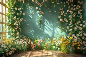 wooden table with sunlight and shadow of flowers professional photography photo