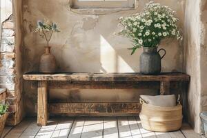 de madera mesa con luz de sol y sombra de flores profesional fotografía foto