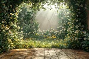 wooden table with sunlight and shadow of flowers professional photography photo