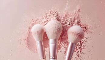 cosmético cepillos y explosión rosado polvos en rosado antecedentes foto