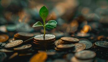 joven planta creciente en monedas pila. ahorro dinero concepto foto