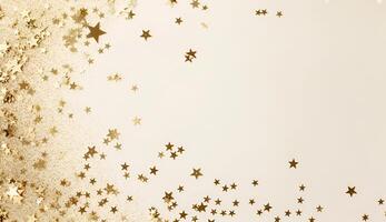 Star sequin confetti frame gold glitter on cream background. photo