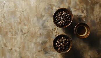 Coffee beans in wooden bowl. photo
