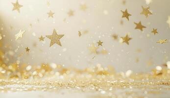 Star sequin confetti frame gold glitter on cream background. photo