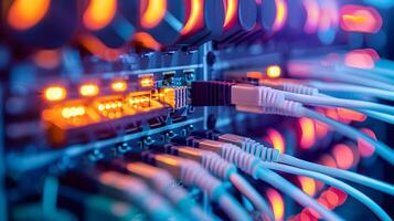 Patch panel with wires connected to it. Glowing indicators indicate the operation of the panel located in server rack. photo