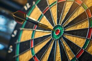 Right on target. The concept of successfully achieving goals or making the right choice. Photo of dartboard with dart in the center.