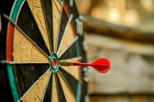 Right on target. The concept of successfully achieving goals or making the right choice. Photo of dartboard with dart in the center.