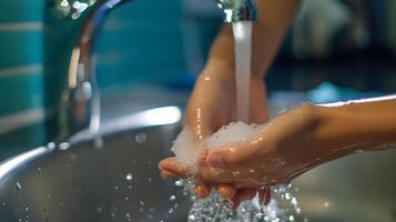 Person's hands disinfecting them with soap. Health preservation concept photo