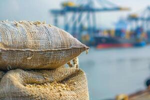 Photo of sack of grain standing on the shore of port. Close-up photo. Ship is visible on the background. Concept of food delivery by sea