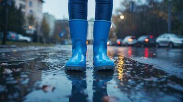 Person's feet are wearing blue boots. There are large puddles on the city roads after heavy rain. Front photo of legs