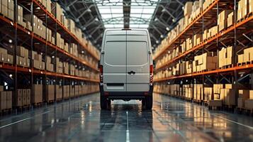 Photo of the back of white van waiting to load packages for onward delivery to customers. Logistics and delivery concept