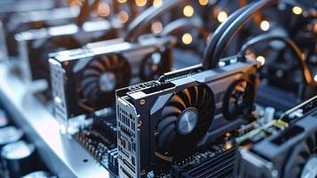 Graphic cards installed in mining rig. Cryptocurrency mining concept photo
