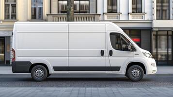 Side photo of white van. Concept of logistics and delivery of small cargo and parcels