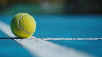 Green tennis ball lies on hard court on white marking. Close-up photo