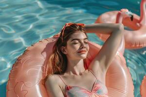 Young woman lies on pink inflatable flamingo-shaped ring in swimming pool. Comfortable summer holiday concept photo