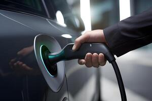 Person using a device to charge his electric car photo