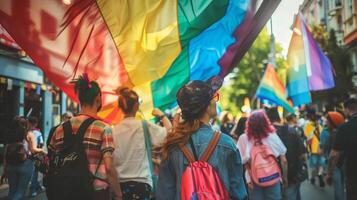 LGBT movement participants walk down the street with flags photo