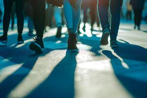 People's feet walking down the street. Only the legs are visible in the photo