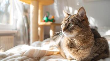 Beautiful cat with green eyes sits on cozy light bed. Cat toys on the background. Close-up photo