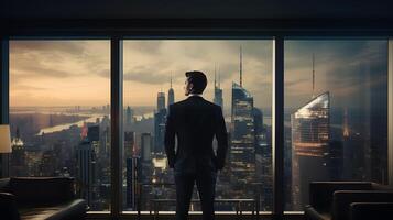 Photo from behind of businessman looking out the window. Successful director or businessman in the photo in a black suit