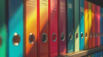 A large number of colored binders for documents standing in row on shelf photo