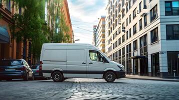 Side of white van. Concept of logistics and delivery of small cargo and parcels photo