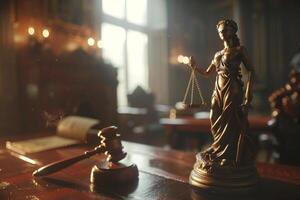 Miniature image of Themis with scales and sword in her hands. There is a judge's gavel on the table. Justice concept within walls of courthouse photo