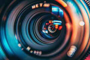 A very close photo of camera lens. Sunlight leaves glare on the lens