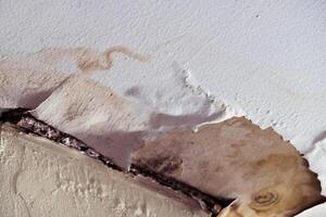 Water damaged ceiling roof, brown stain, office building photo