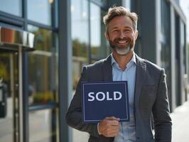 Middle aged man real estate agent holding 'Sold' sign indicating successful sale photo