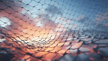 Old metal mesh against the background of sunset and clouds photo