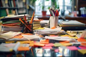 Busy workplace. A large amount of stationery, paper, documents, books and stickers lie on the table photo