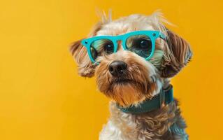 Cute golden dog wearing sunglasses on yellow background photo