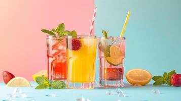 Cooling summer cocktails with berries and fruits on colored background photo