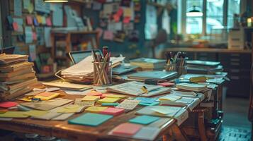 Busy workplace. A large amount of stationery, paper, documents, books and stickers lie on the table photo