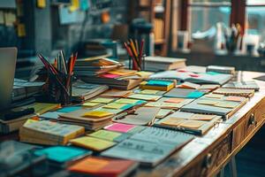 ocupado lugar de trabajo. un grande cantidad de papelería, papel, documentos, libros y pegatinas mentira en el mesa foto