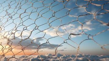 Old metal mesh against the background of sunset and clouds photo