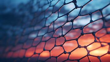 Old metal mesh against the background of sunset and clouds photo