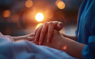 Caring for the elderly. Nurse holds hand of old person. photo